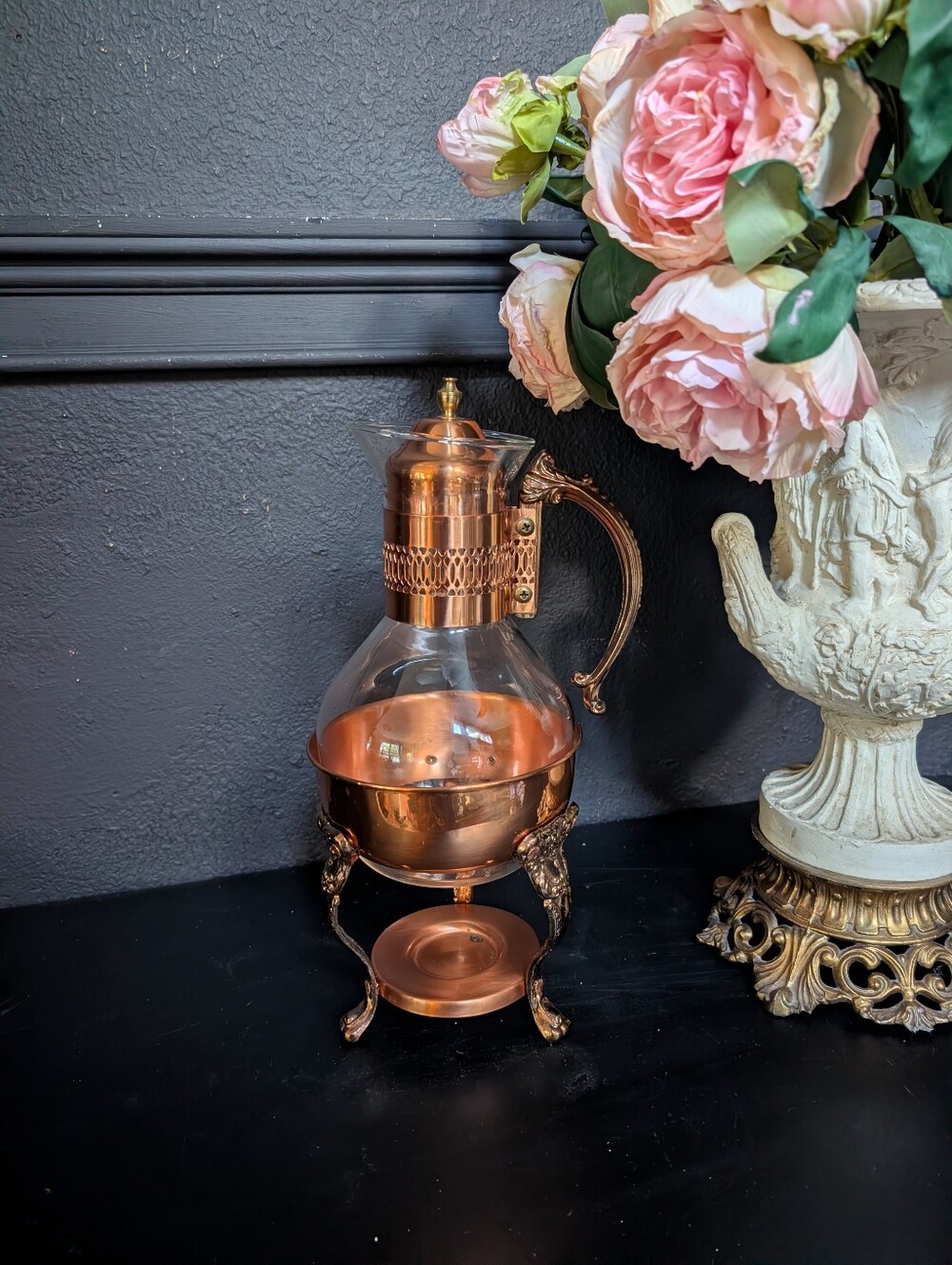 Vintage Ornate Princess House Copper and Brass Coffee Carafe w/ Footed Stand, 14